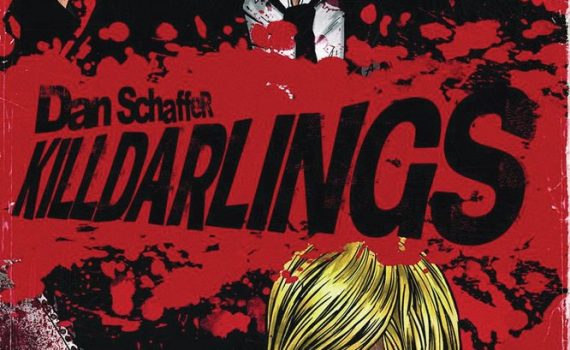 Cover of the Killdarlings graphic novel featuring the main characters. At the top of the cover is Talula, a raven haired white female. She is wearing a black sport coat, white button up shirt with the top button undone, and a neck tie loosely tied around her neck. She is also holding a magnum to her head. At the bottom of the cover is Nomi, a blonde white female with pig tails hanging down on both sides of her head. She is wearing a read strappy dress. She is holding a bloody chainsaw and she has drops of blood smattered over her. She is also smiling. Between the two women is a smear of blood with the words Dan Schaffer Killdarlings written in black/negative space across the width of the cover.