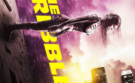 Movie Cover - Katie Cassidy standing on the side the of the building as Suki in her Scribbler persona, as it rains