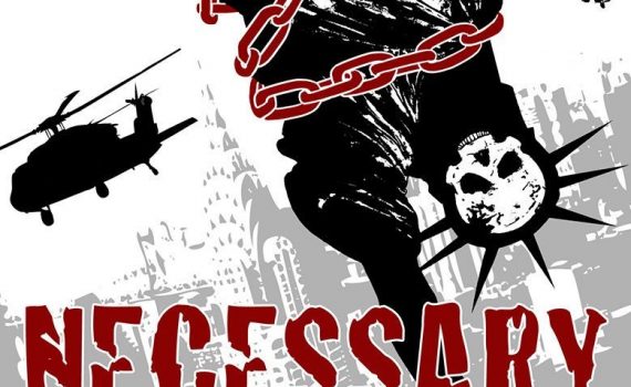 The cover of Necessary Monsters Volume 1 features a black and white statue of Liberty, upside down, wrapped in a red chain, and a skull where her face should be. The New York skyline is behind her and to her left is a military helecopter cloaked in shadow and two otherworldly tentacles are above it. The title of the book is in big red letters on the bottom third of the cover. Below that are the names of the Author and Artist. Daniel Merlin Goodbrey and Sean Azzopardi respectively.
