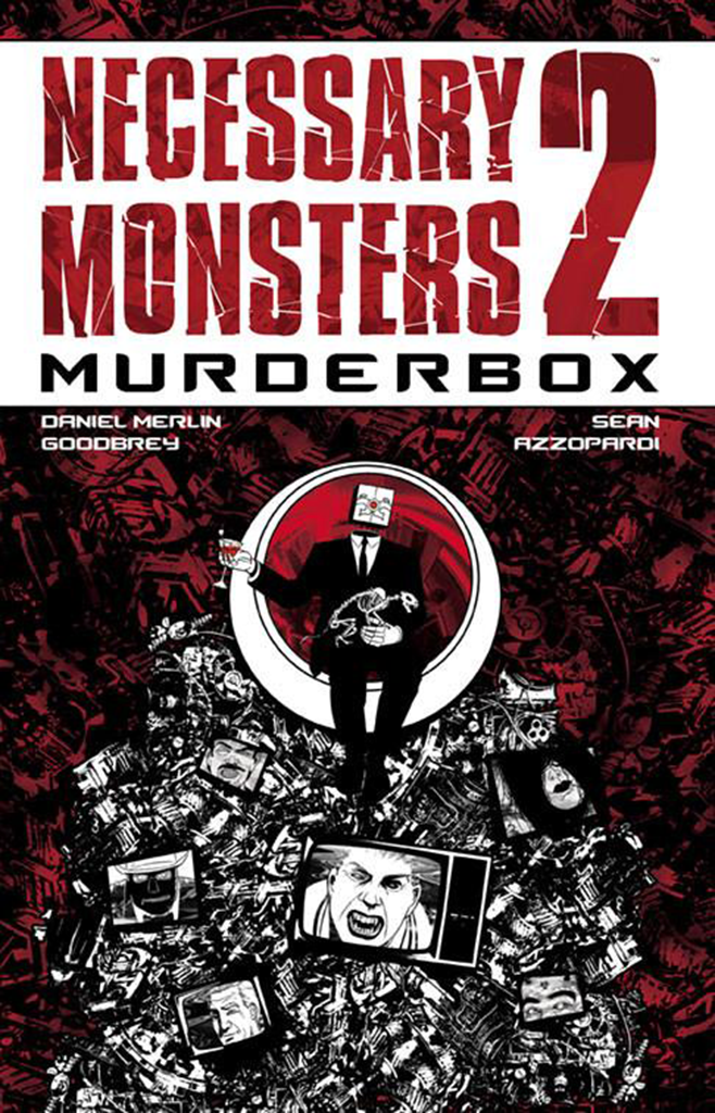 The cover of the Graphic Novel Necessary Monsters 2 Murderbox shows a man with a floating box for a head and a cat's skeleton sitting in his lap. He is sitting in an Egg Chair, drinking a martini. The Egg chair is atop a pile of CRT televisions featuring different people. Behind this are out of focus demons. At the top third of the cover is the title in large red letters and the sub-title is in smaller black block letters. The Names Daniel Merlin Goodbrey and Sean Azzopardi are directly beneath the sub-title and are on either side of the main figure of the cover.