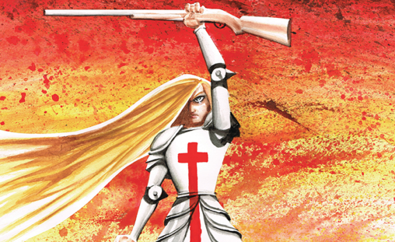 Cover of the Graphic Novel featuring the Title at the top and the name of the authors above that. Two thirds of the bottom of the cover features a blonde woman in Holy Templar armor and a bleeding cross on the front. She is holding a shotgun above her head.